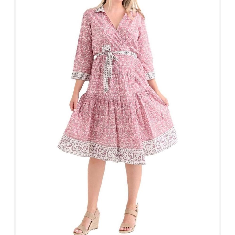 Pomegranate block print wrap collared dress size small